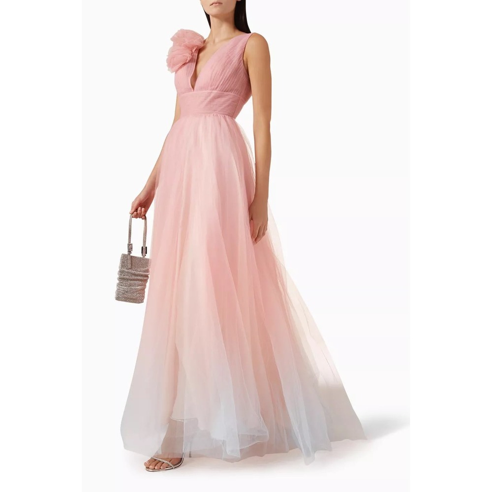 NWT Mac Duggal Pink Ruffle Shoulder V Neck Ombre Tulle Ball Gown - Size 10 - Picture 2 of 14